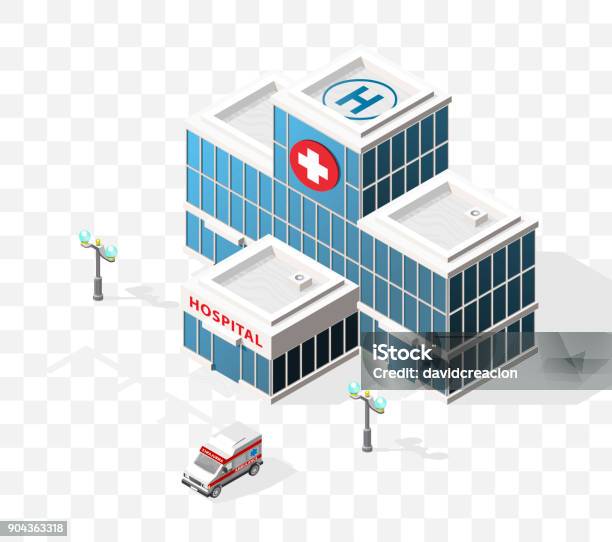 Isometric High Quality City Element With 45 Degrees Shadows On Transparent Background Hospital Stock Illustration - Download Image Now