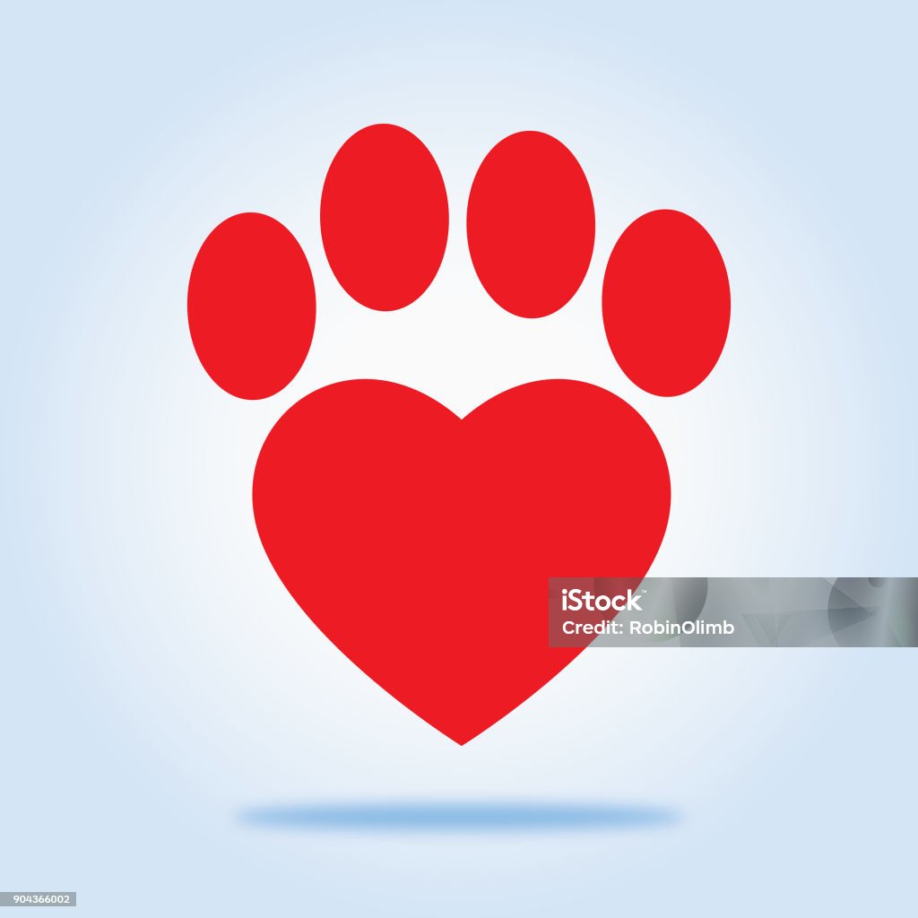 Red Heart Paw icon Vector illustration of a red Heart paw with shadow on a gradient blue background. Heart Shape stock vector