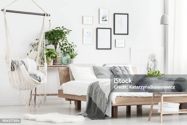 Hammock And Posters In Bedroom Stock Photo - Download Image Now - Bedroom, Modern, White Color