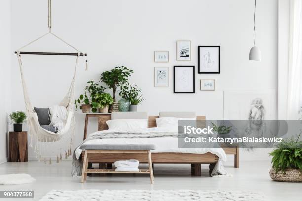 Natural Bedroom With Posters Stock Photo - Download Image Now - Apartment, Bed - Furniture, Bedding