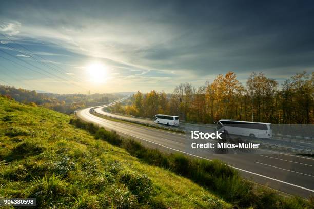 White Buses Traveling On The Highway Turning Towards The Horizon In An Autumn Landscape At Sunset Stock Photo - Download Image Now