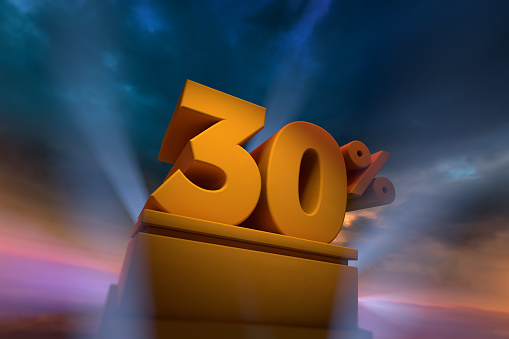 3D rendering of gold 30 Percent text on podium with dramatic sky