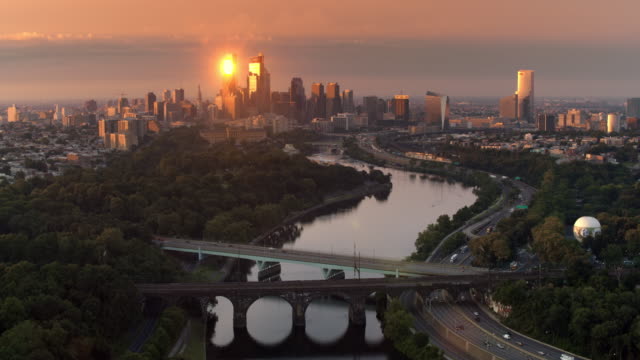 AERIAL Skyscrapers of Center City in Philadelphia reflecting the rising sun