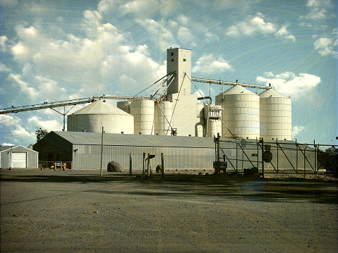 Grain storage silos. Silos for storage and drying of grain crops with sky background