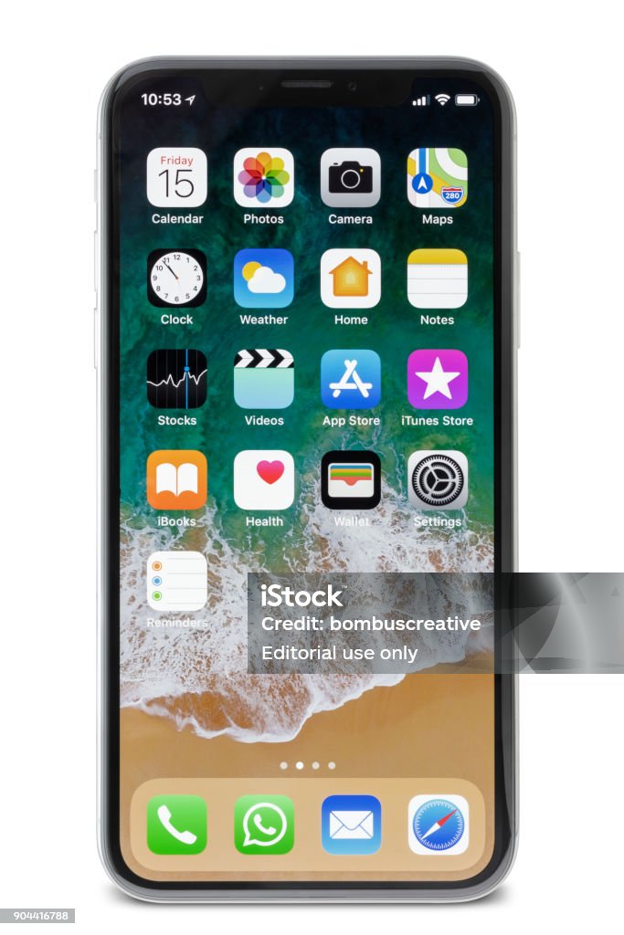 Apple iPhone X Silver Home Screen Istanbul, Turkey - December 15,2017 : Studio shot of iPhone X Space Gray on white background.This is the newest product of Apple with 5.8 inch display, face detection and made entirely of glass.The front is only a display without fingerprint button.Unlocking of the phone is possible only with the detection of the owner’s face. Smart Phone Stock Photo