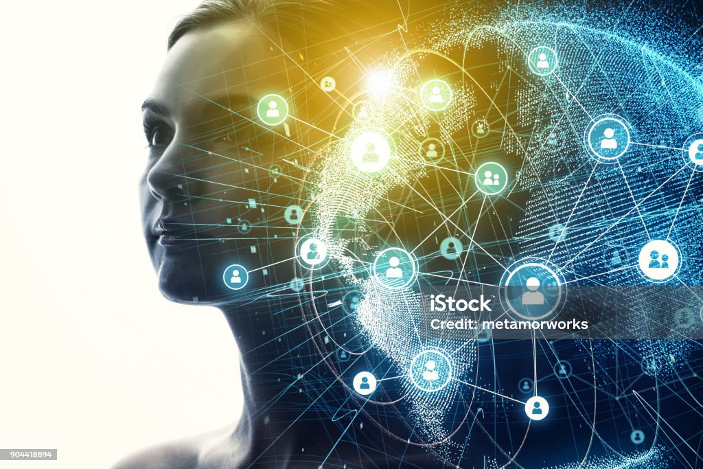 Global communication network and AI (Artificial Intelligence) concept. Globe - Navigational Equipment Stock Photo