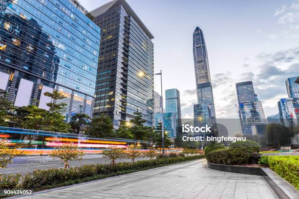 Dusk In The Futian Center Of Shenzhen Stock Photo - Download Image Now - Green Building, Shenzhen, Low Angle View