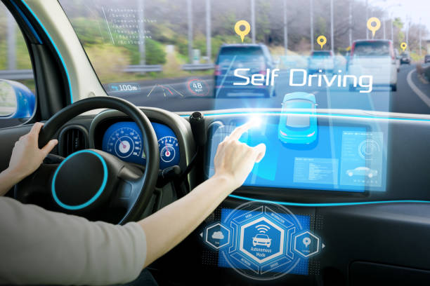 Cockpit of autonomous car. Driverless car. Self-driving vehicle. Head up display. Cockpit of autonomous car. Driverless car. Self-driving vehicle. Head up display. autopilot stock pictures, royalty-free photos & images
