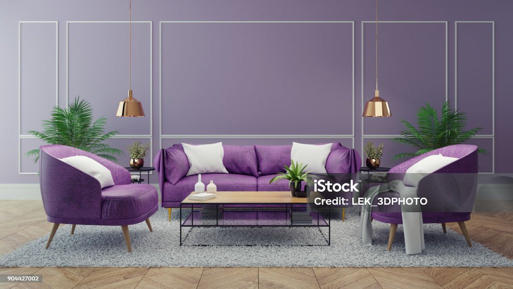 Boekwinkel chef De lucht Luxury Modern Interior Of Living Room Ultraviolet Home Decor Concept Purple  Sofa And Black Table With Gold Lamp On Light Purple Wall And Woodfloor 3d  Render Stock Photo - Download Image Now -