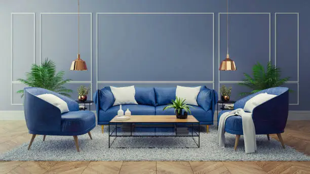 Luxury modern interior of living room ,Blue room decor concept ,Blue sofa and black table with gold lamp on light blue wall and woodfloor ,3d render