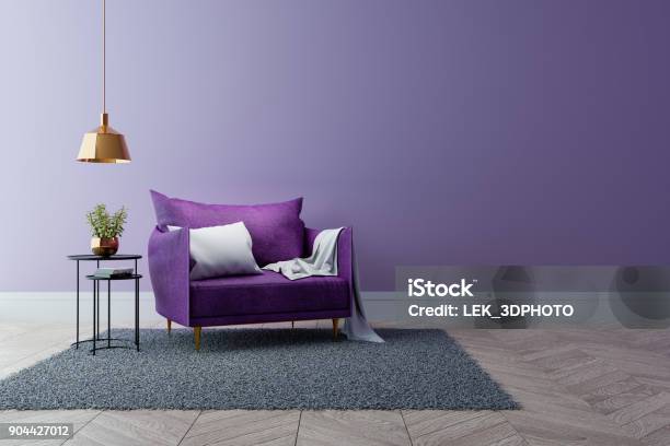 Luxury Modern Interior Of Living Room Ultraviolet Home Decor Concept Purple Sofa And Black Table With Gold Lamp On Light Purple Wall And Woodfloor 3d Render Stock Photo - Download Image Now