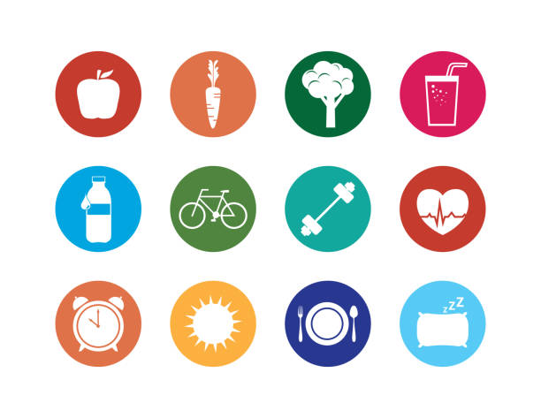 Healthy Lifestyle Icons Set Collection of circle vector icons representing health, fitness, nutrition and well-being carrot symbol food broccoli stock illustrations