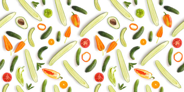 istock Food texture. Seamless pattern of fresh vegetables isolated on white background 904434456