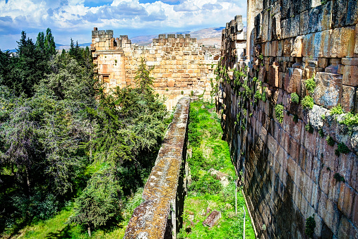 Ruins of wall of great court of Heliopolis and trilithons , Baalbek at Bekaa valley Lebanon