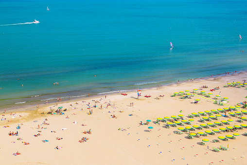 Aerial view of Rimini beach with people and blue water. Summer vacation concept