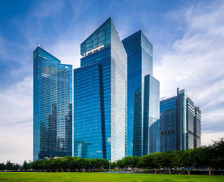 View of modern office buildings in Singapore.