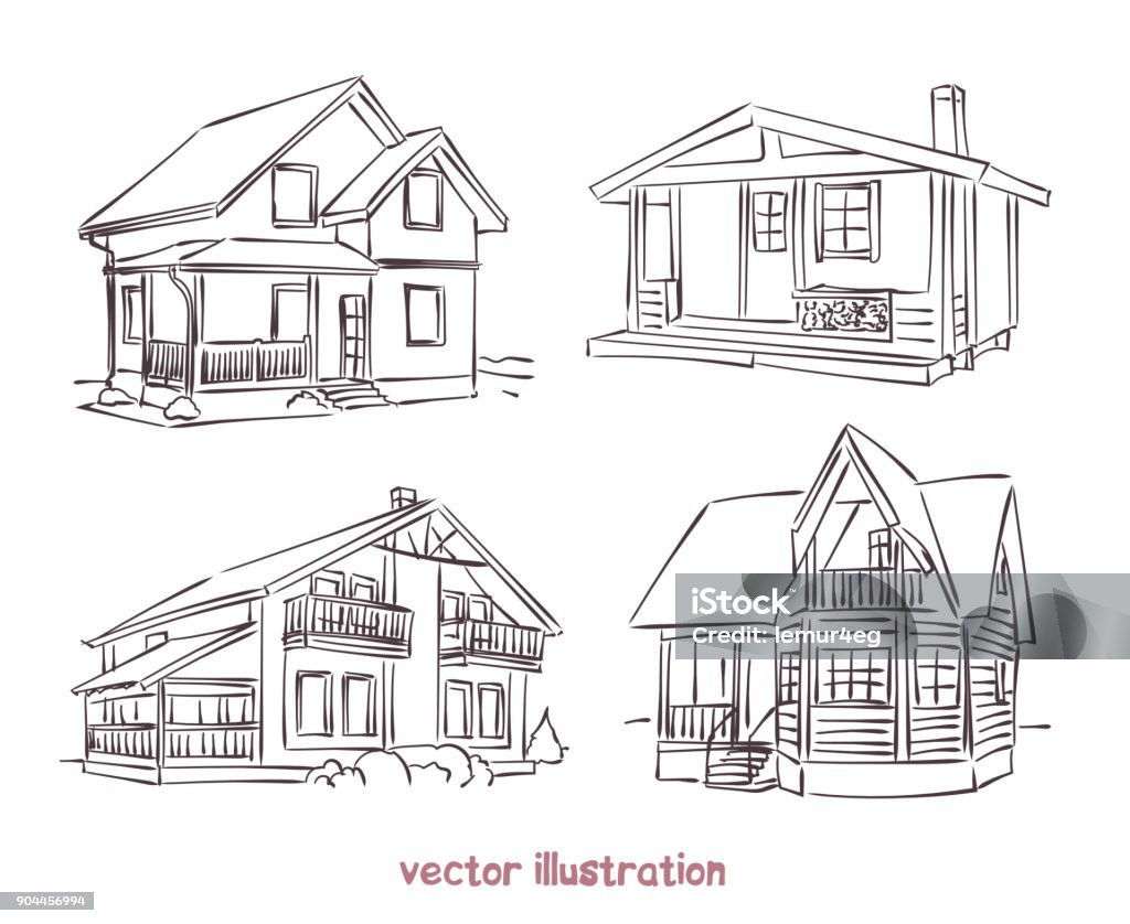 set esquisse Vector de maison en bois - clipart vectoriel de Maison libre de droits