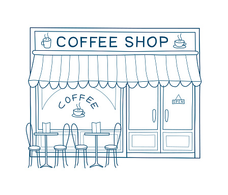 Coffee shop front vector illustration on hand drawn style. Line drawing of the front of cafe and restaurant