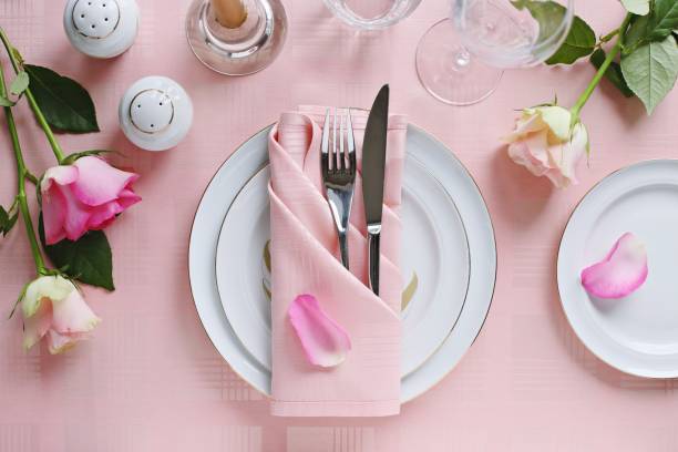 istock Festive table setting for Valentins Day, Easter, Mother's Day ore wedding. Elegant table decoration with fresh flowers. 904469158