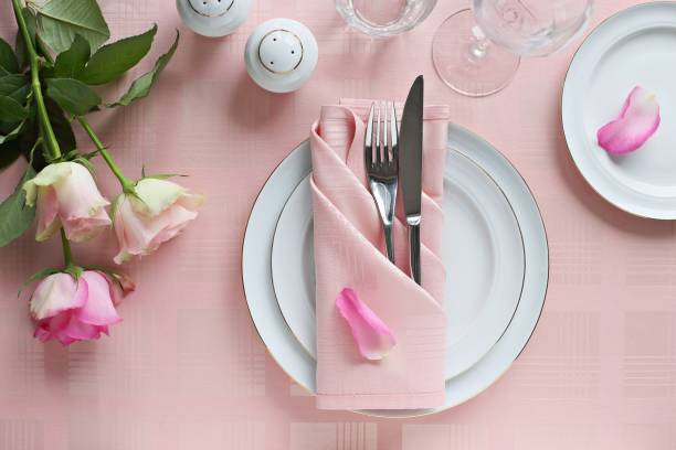 istock Festive table setting for Valentins Day, Easter, Mother's Day ore wedding. Elegant table decoration with fresh flowers. 904469160