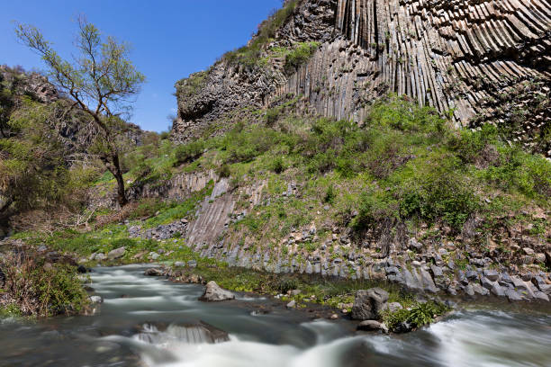 玄武岩列と域川、ガルニ アルメニア。 - echo canyon ストックフォトと画像