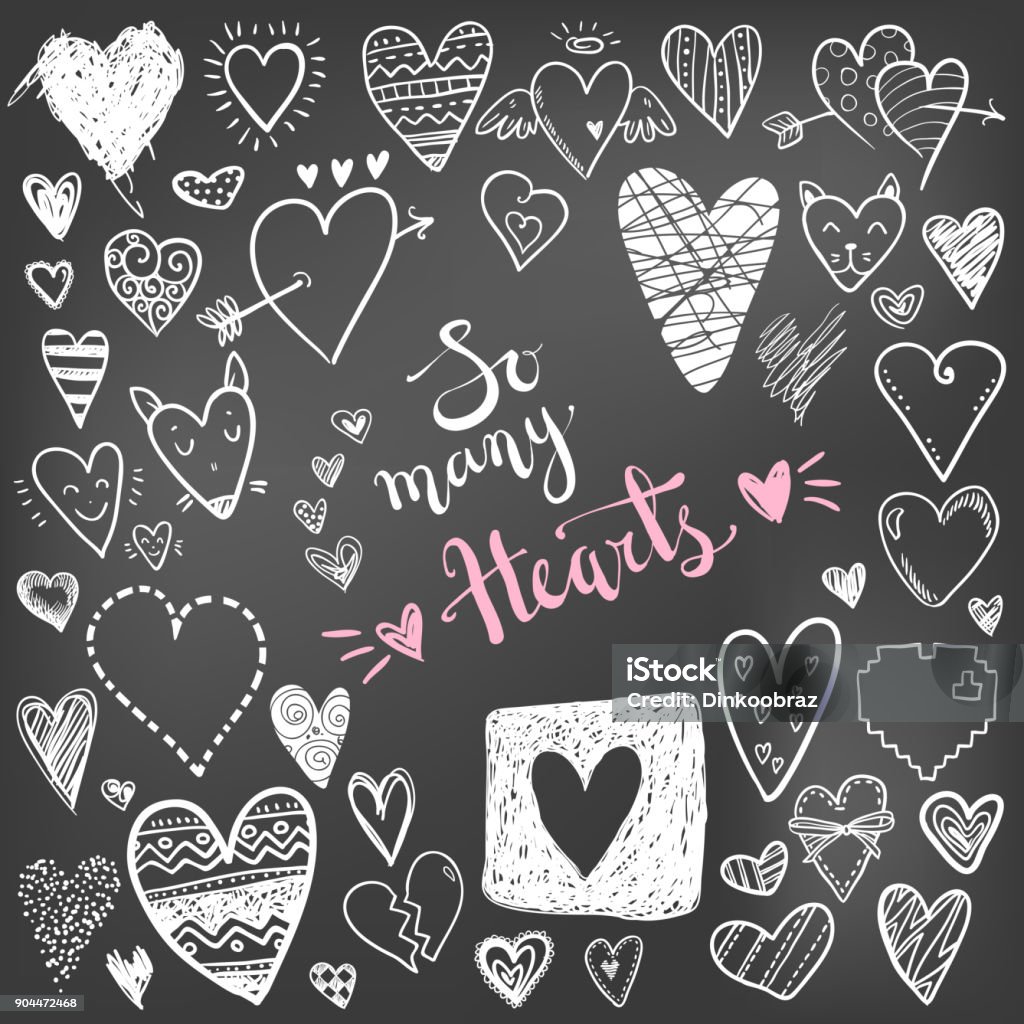 Funny doodle hearts icons collection on chalk board. Hand drawn Funny doodle hearts icons collection. Hand drawn Valentines day, wedding design. Cute elegant style, modern design, school chalk board Chalk - Art Equipment stock vector