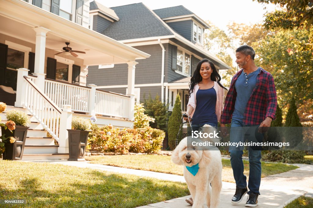 Couple Walking Dog Along Suburban Street Walking Stock Photo