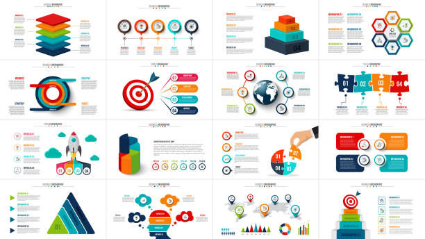 illustrazioni stock, clip art, cartoni animati e icone di tendenza di infografiche di avvio vettoriale, diagramma, grafico e presentazione. report aziendale con 4, 5, 6 e 7 opzioni, parti, processi di passaggi. puzzle, cerchi, bersaglio, piramide, mappa e timeline. - six objects immagine