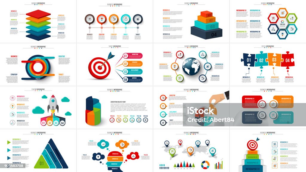 Infografia de inicialização de vetor, diagrama gráfico, gráfico e apresentação. Relatório de negócios com 4, 5, 6 e 7 opções de peças de processos de passos. Quebra-cabeça, círculos, alvo, pirâmide, mapa e linha do tempo. - Vetor de Infográfico royalty-free