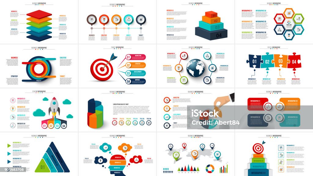 Vector startup infographics, diagram chart, graph and presentation. Business report with 4, 5, 6 and 7 options, parts, steps processes. Puzzle, circles, target, pyramid, map and timeline. Infographic stock vector