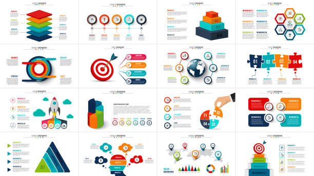 Vector startup infographics, diagram chart, graph and presentation. Business report with 4, 5, 6 and 7 options, parts, steps processes. Puzzle, circles, target, pyramid, map and timeline. Vector startup infographics, diagram chart, graph and presentation. Business report with 4, 5, 6 and 7 options, parts, steps processes. Puzzle, circles, target, pyramid, map and timeline. strategy drawings stock illustrations