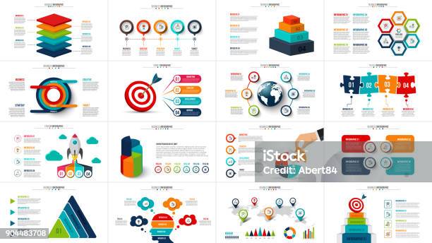 Vector Startup Infographics Diagram Chart Graph And Presentation Business Report With 4 5 6 And 7 Options Parts Steps Processes Puzzle Circles Target Pyramid Map And Timeline Stock Illustration - Download Image Now