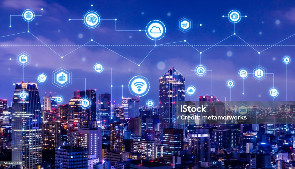Smart city concept. IoT(Internet of Things). ICT(Information Communication Technology). Smart Grid Stock Photo