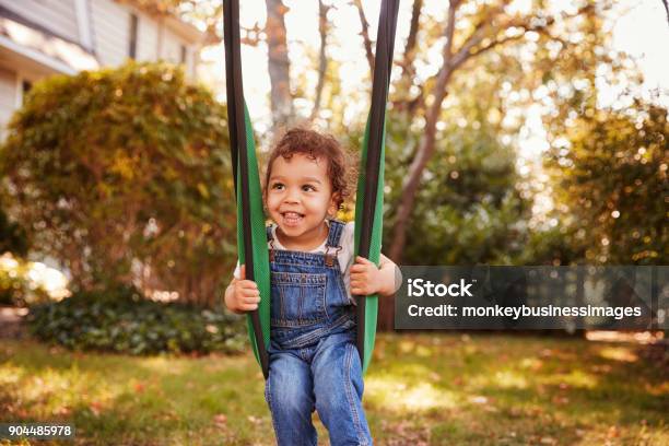 Fröhliches Junges Mädchen Spielen Auf Garten Schaukel Stockfoto und mehr Bilder von 2-3 Jahre