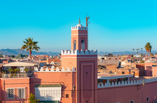 Panoramic view of Marrakech or Marrakesh with the old part of town Medina and minaret