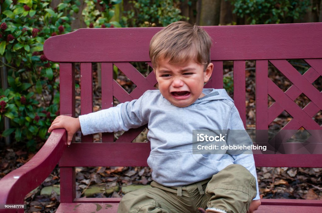 Crying Toddler on Bench Upset child sitting on bench crying with greenery in the background. Tantrum Stock Photo