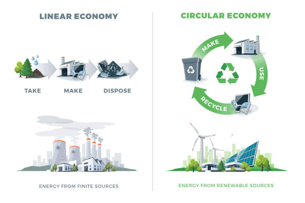 Comparing Circular and Linear Economy Comparing circular and linear economy product cycle. Energy from finite and renewable sources. Solar, wind, thermal, chemical power stations. Vector illustration, white background. Please recycle. industry and manufacturing infographics stock illustrations