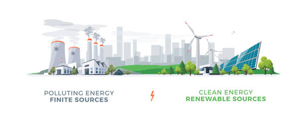 čisté a znečišťující elektrárny - obnovitelný zdroj energie stock ilustrace