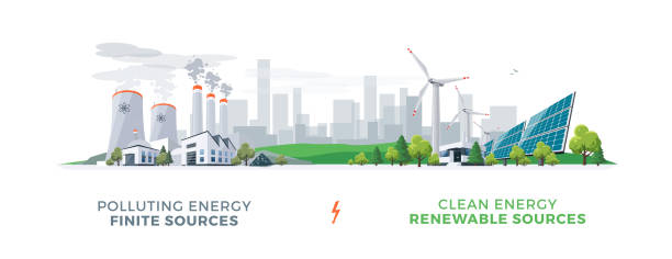 ilustraciones, imágenes clip art, dibujos animados e iconos de stock de centrales limpias y contaminantes - solar power station