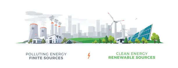 Vector illustration of Clean and Polluting Power Stations