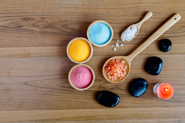 istock Spa and massage elements, aroma salt, stone massage, Top view 904498752