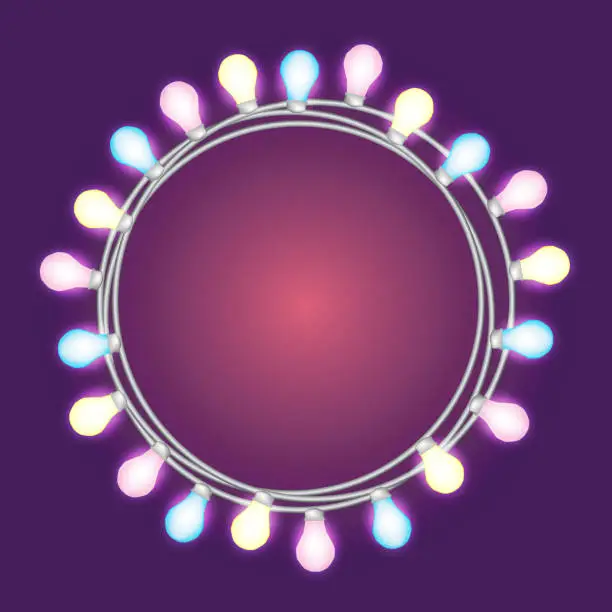 Vector illustration of Garland in form of circle with glowing lights isolated on violet gradient background. Vector design element for Holiday cards, New Year, birthday, party. Illuminated banner Template or mock up