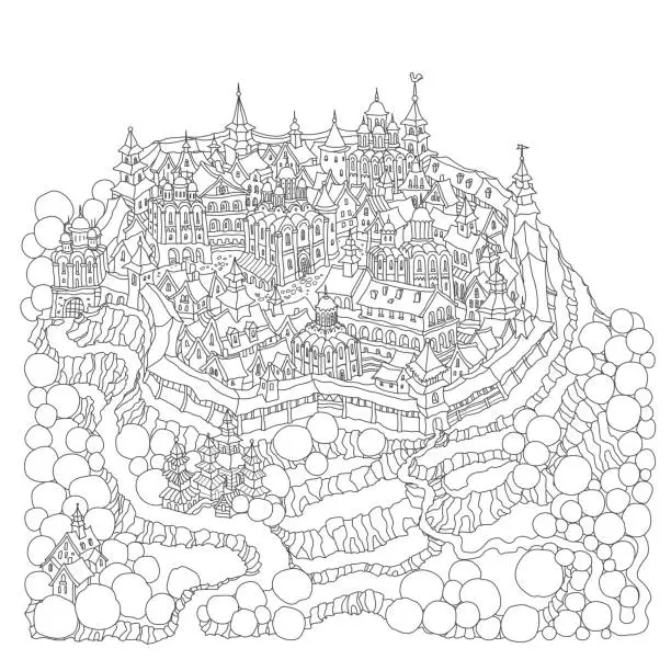 Vector illustration of Vector cartoon fairy tale rocky island landscape with castle, houses and trees. Hand drawn black and white doodle sketch. Tee shirt fantasy print. Adults and children coloring book page