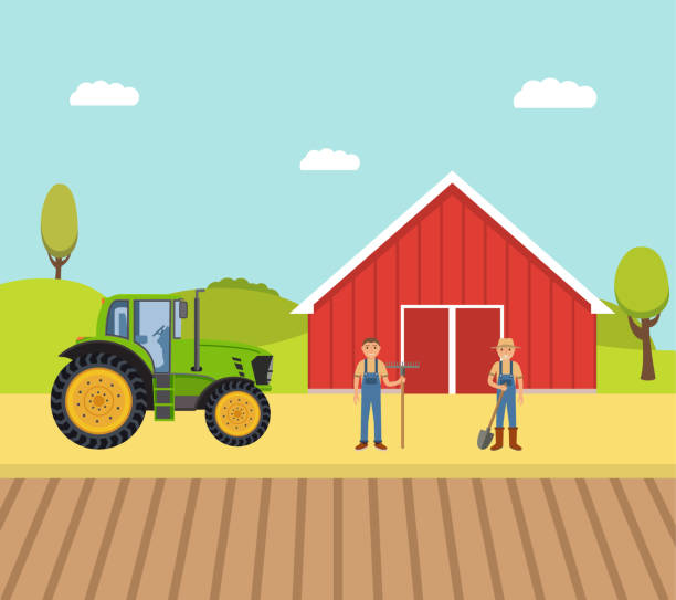 ilustrações de stock, clip art, desenhos animados e ícones de farm with a barn and the tractor and farmers men in working overalls and straw hats. rake and shovel. a rural landscape in flat style with characters a vector. - agricultural machinery retro revival summer farm