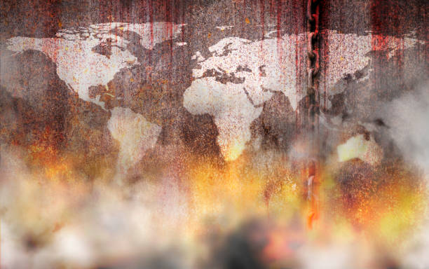 Cтоковое фото Кровавый и белый фон карты мира страшный старый ржавый цепи висит на ржавой стальной стене с огнем и дымом, концепция использования рабског