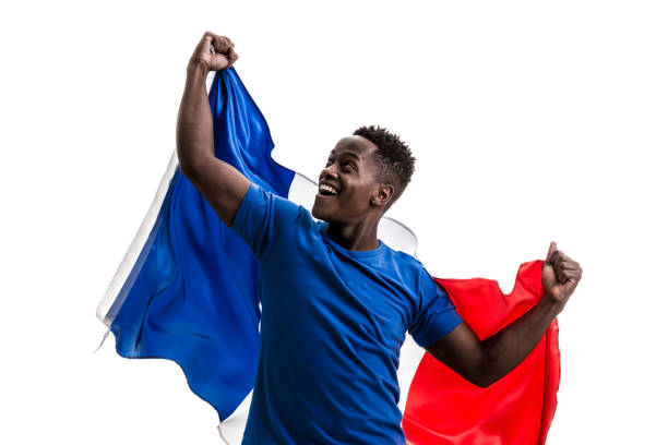 fan / sport gracz trzymający flagę francji - french flag france red blue zdjęcia i obrazy z banku zdjęć