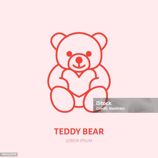 Teddy Bear Illustration Plush Flat Line Icon Toy Store Valentines Day Present Sign Stock Illustration - Download Image Now