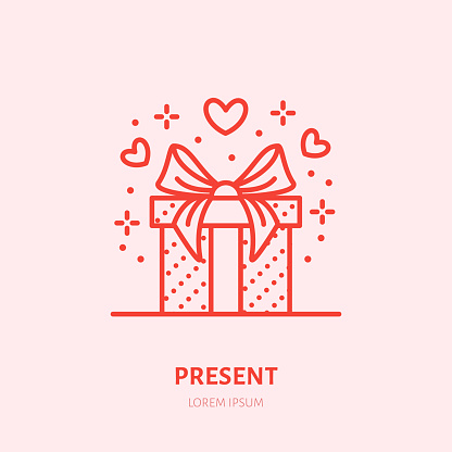 Gift in box illustration. Flat line icon, souvenir shop. Valentines day present sign.