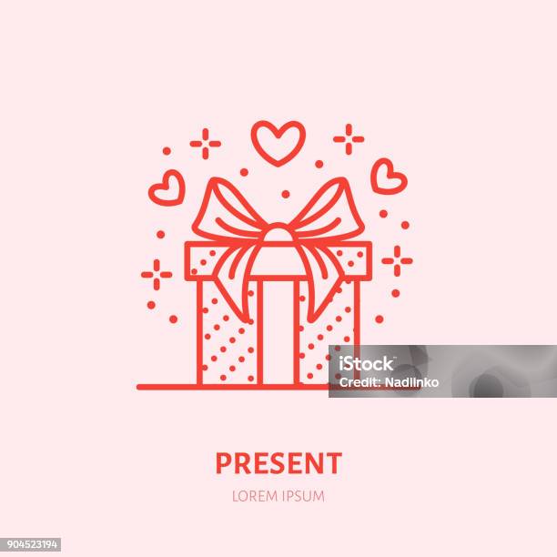 Gift In Box Illustration Flat Line Icon Souvenir Shop Valentines Day Present Sign Stock Illustration - Download Image Now