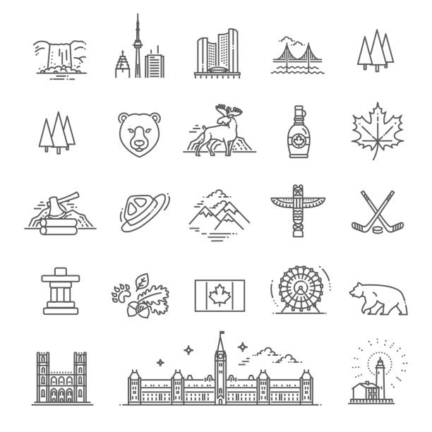 travel Canada traditional objects Country Canada travel vacation guide of goods, place and feature bear icons stock illustrations